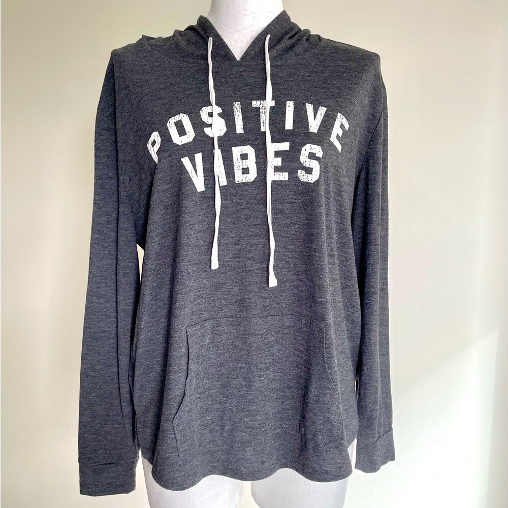 (S) Lightweight Gray Hoodie with Positive Vibes Print
